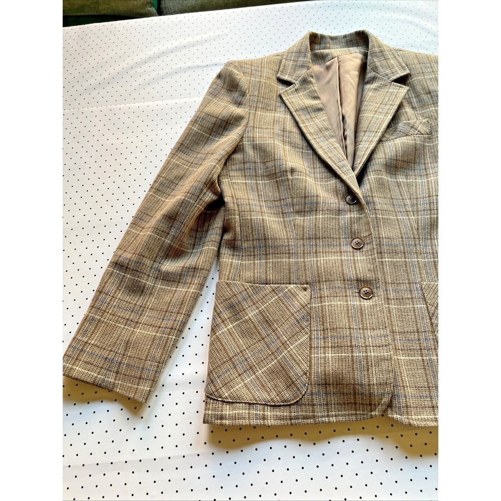 Vintage Country Suburbans Plaid Blazer Womens 16 Brown Tan Academia Jacket - Picture 3 of 11